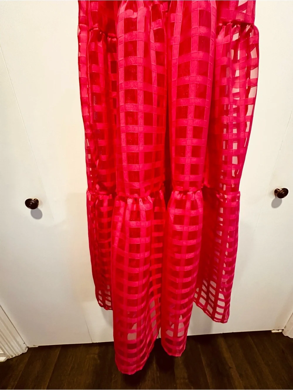 Windowpane Chiffon Halter Maxi Dress in Fuchsia Pink - Women’s L - Picture 5 of 16